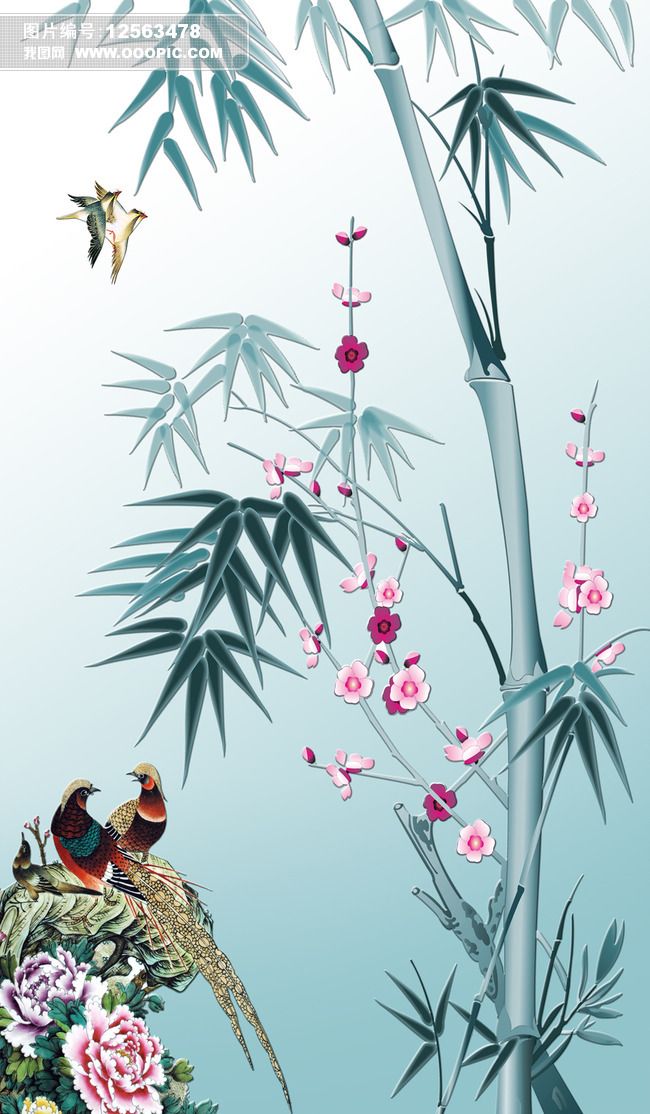 竹子梅花花鸟浮雕玄关