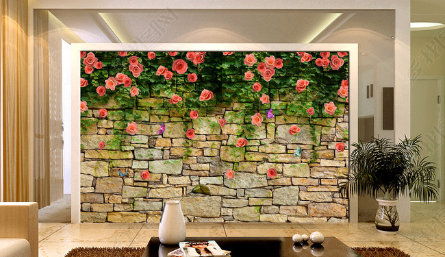 砖墙石头墙壁玫瑰花墙花藤电视背景墙