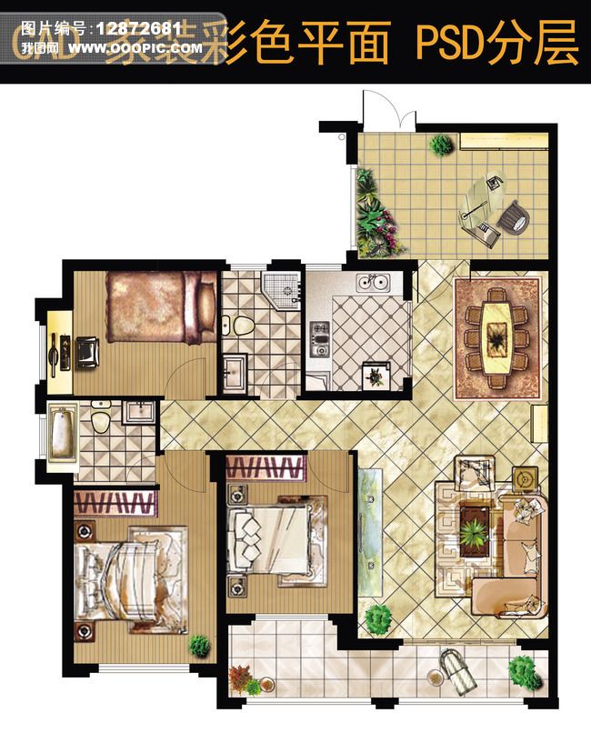 三室两厅两卫样板房彩平图psd分层模板下载-编号12872681-彩色平面图