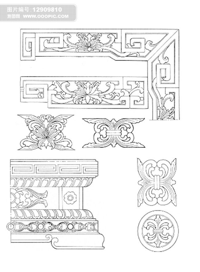 35个中国传统元素木雕家具建筑图案矢量
