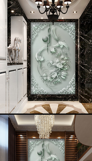 凤凰牡丹玉石浮雕玄关过道电视背景墙