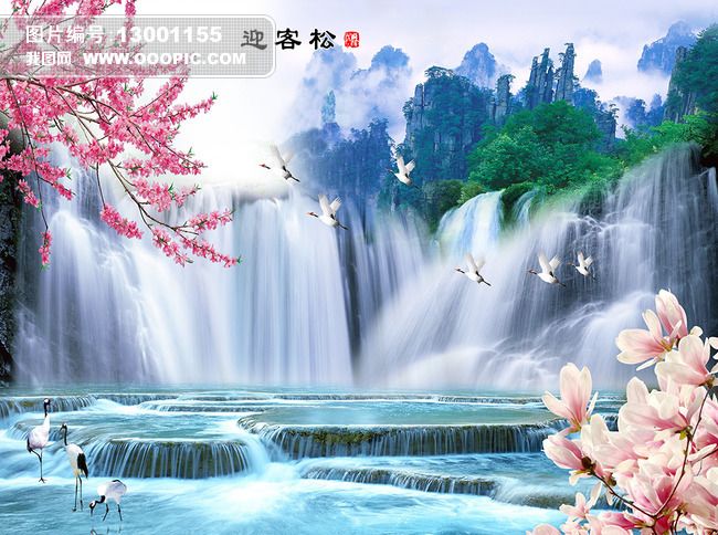 迎客松流水生财大型山水画电视背景墙