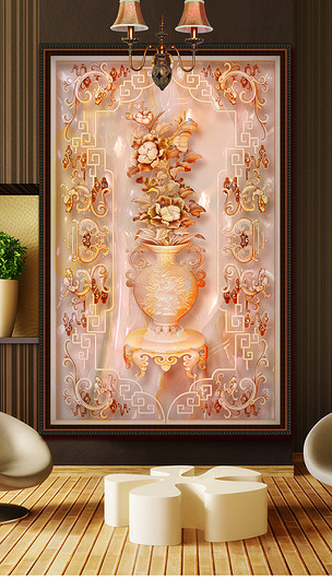 富贵平安玉石浮雕玄关过道电视背景墙壁画
