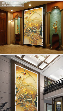 草叶壁画玄关|立体植物花鸟图玄关背景墙