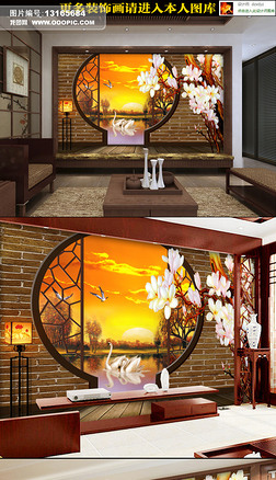 古典镂空拱门天鹅湖画中画3d电视背景墙