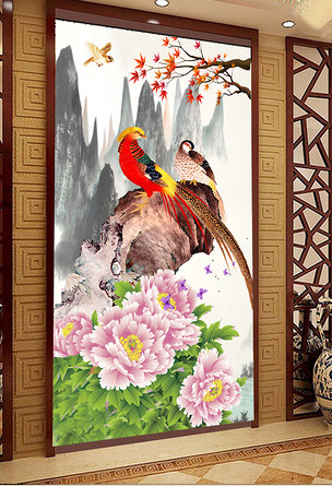 原创国画花鸟图锦上添花牡丹图玄关版权可商用