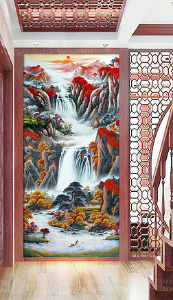 吉星高照风景画背景墙|聚宝盆玄关风水画