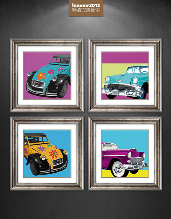 彩色小汽车波普风格手绘油画装饰画