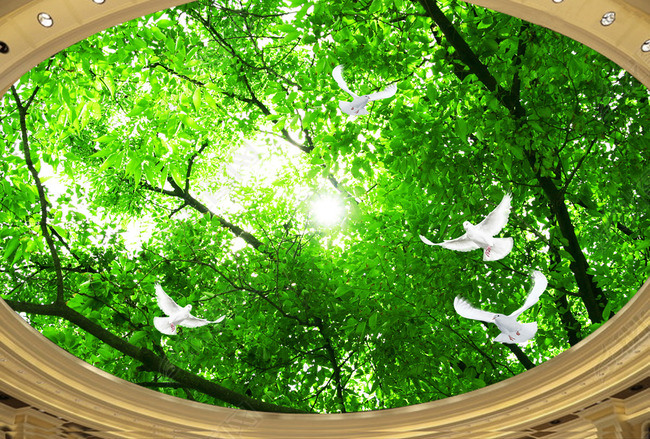 原创立体绿色大树天花板顶吊顶天顶背景墙壁画
