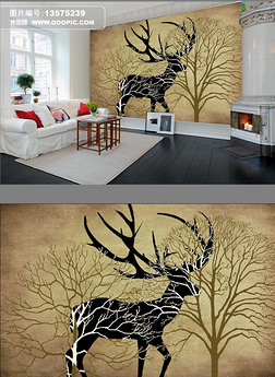 枯树麋鹿,背景墙背景墙|欧美风复古枯枝麋鹿电视背景墙