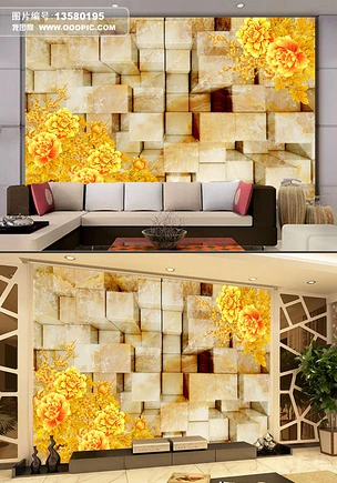 3D三维立体中式牡丹花浮雕客厅电视背景墙