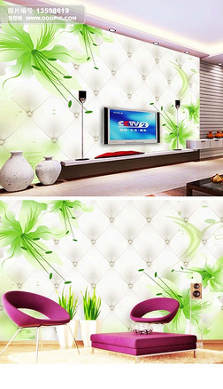 绿色百合3D立体电视背景墙