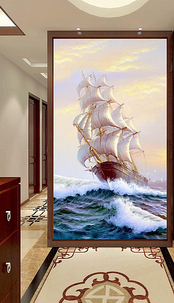 手绘高清一帆风顺玄关背景墙
