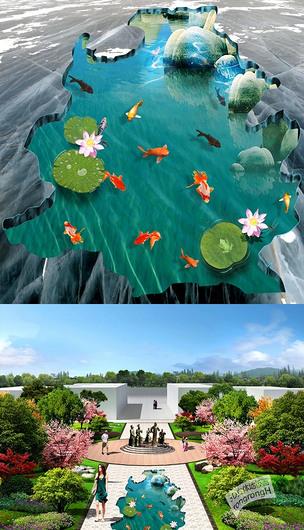 3d鲤鱼荷塘荷花地板画地贴图片下载