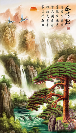 迎客松山水画仙鹤中式玄关