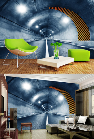 原创时光隧道车道背景墙背景画