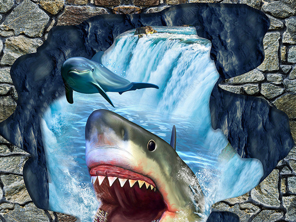 鲨鱼海豚瀑布3d立体画3d地画