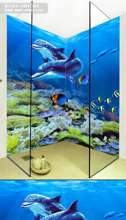 高清海底珊瑚海豚3D立体浴室壁画装饰画