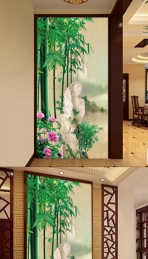 原创山水情竹子牡丹石头中式玄关版权可商用