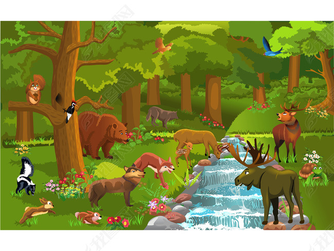 原创儿童房卡通动物王国背景墙装饰画版权可商用