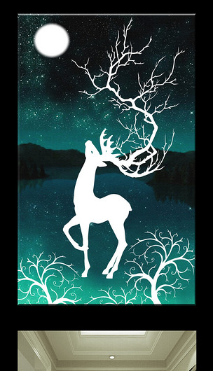 原创梦幻鹿白色剪影玄关无框画版权可商用