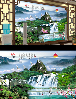 山水画仙鹤现代简约电视背景墙心形树现代简约电视背景墙大海海滩海星
