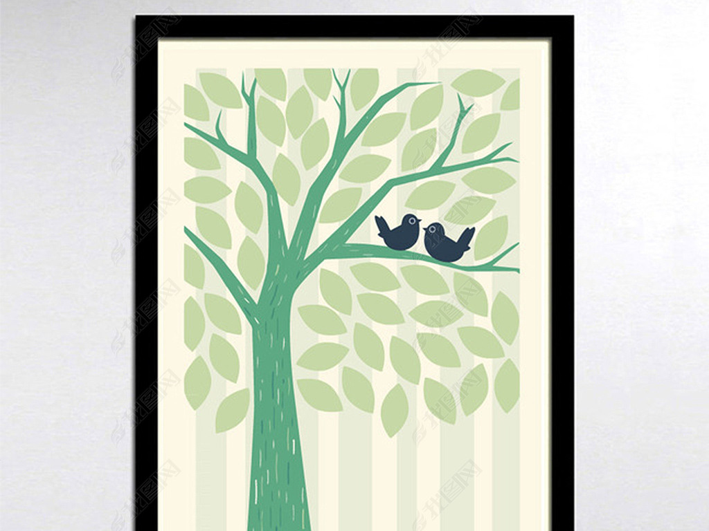原创爱情树装饰画春天冬天爱情鸟有框画