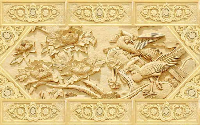 原创高清牡丹仙鹤3d砂岩浮雕壁画背景墙