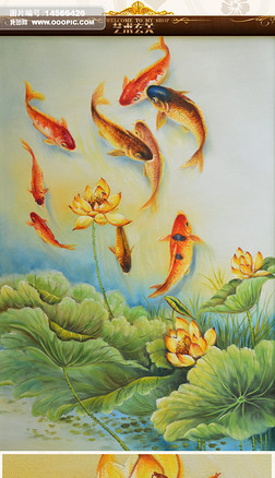 新款九鱼荷花油画艺术玄关