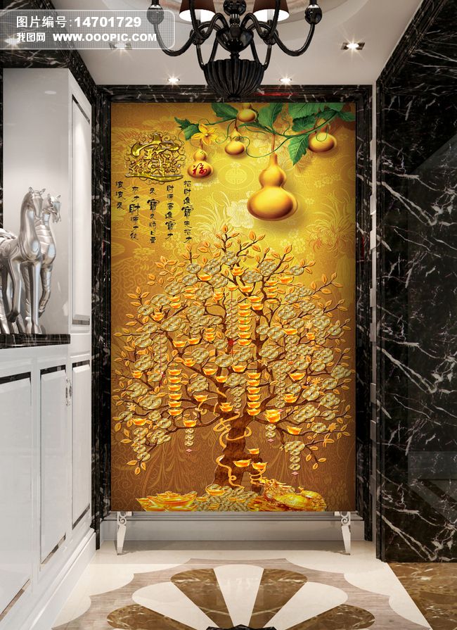 发财树招财进宝玄关过道背景墙