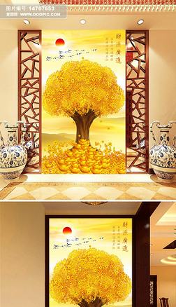 财源广进黄金树仙鹤山水风景画中式玄关