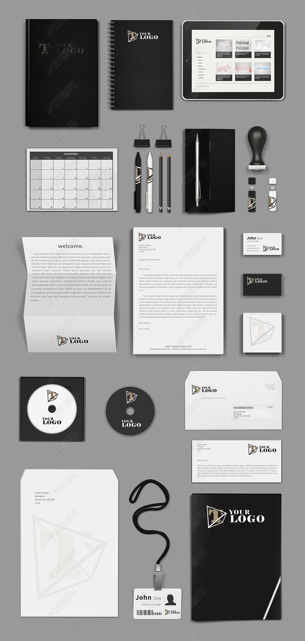 国外高档黑色VI手册办公用品智能模板样机