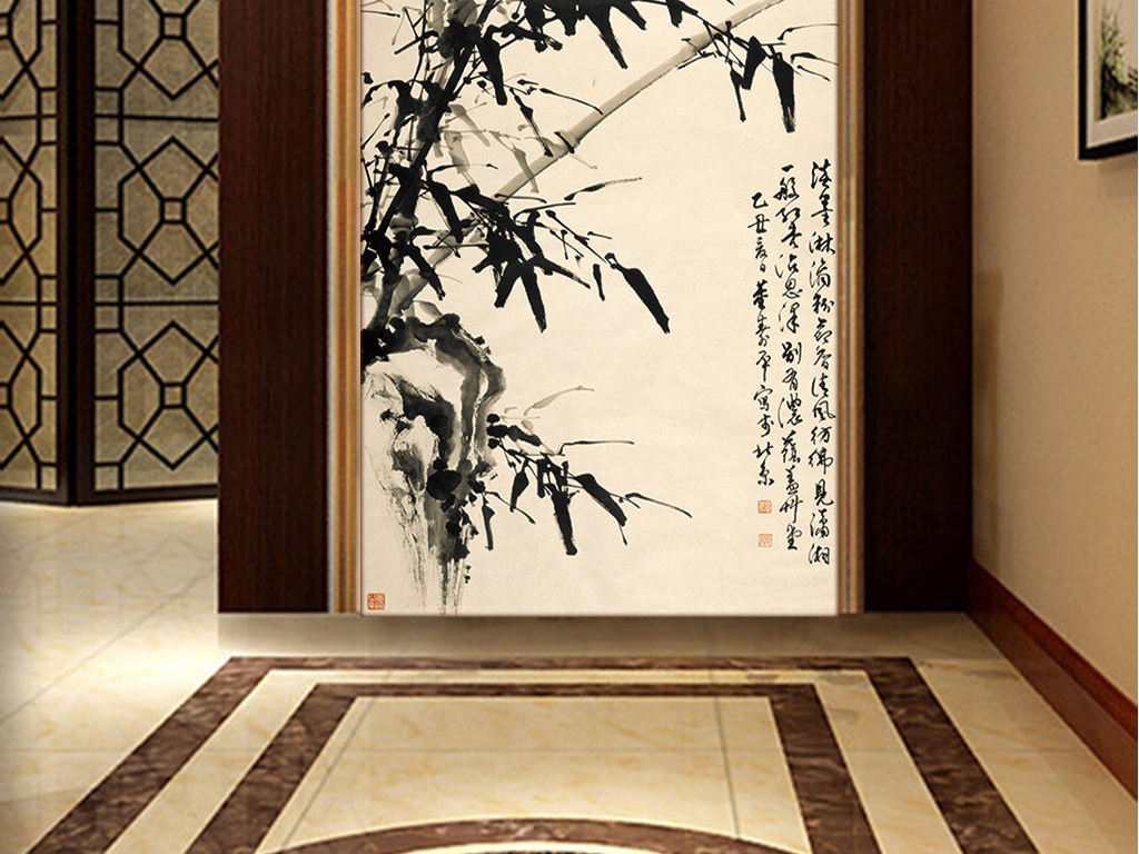 复古中式国画水墨竹子玄关背景墙