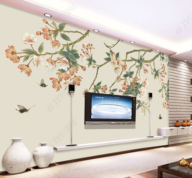 海棠花手绘电视背景墙壁纸