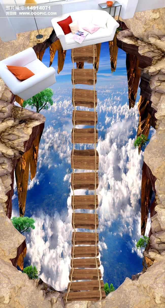 天空悬浮木板桥3d地板画