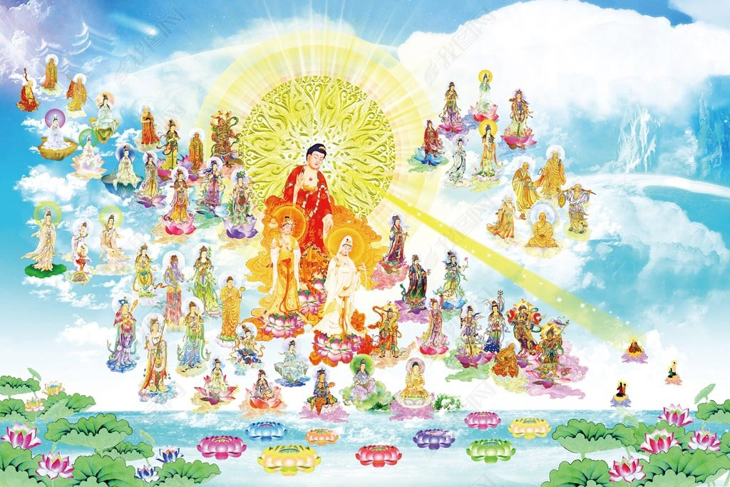 原创普清西方三圣接引图风景版权可商用