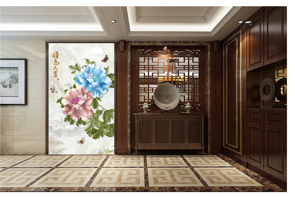 富贵牡丹花开富贵玄关门厅背景墙