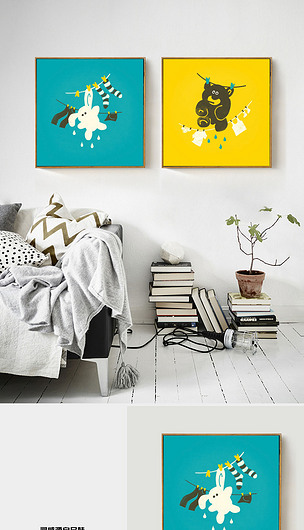 北欧风格简约手绘晾晒兔子和熊装饰画