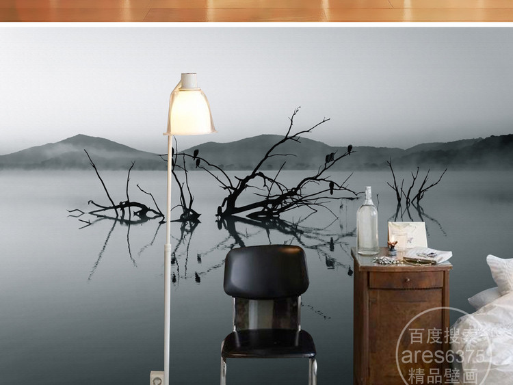 黑白风景意境文艺水中的树枝小鸟壁画