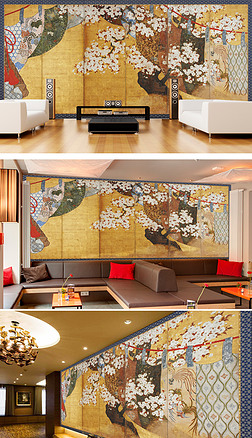 日式风格浮世绘樱花手绘六条屏风壁画油画