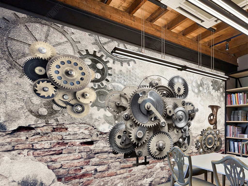 原创机械齿轮怀旧复古背景墙壁画