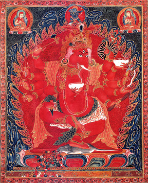 红色12臂象头王财神欢喜天唐卡