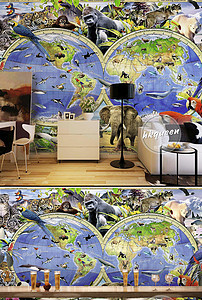 世界地图东南亚热带雨林动物创意背景墙图片设
