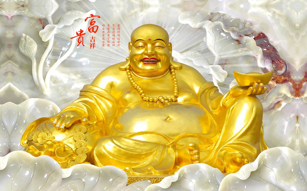 原创金色弥勒佛玉雕莲花背景墙电视墙装饰画版权可商用