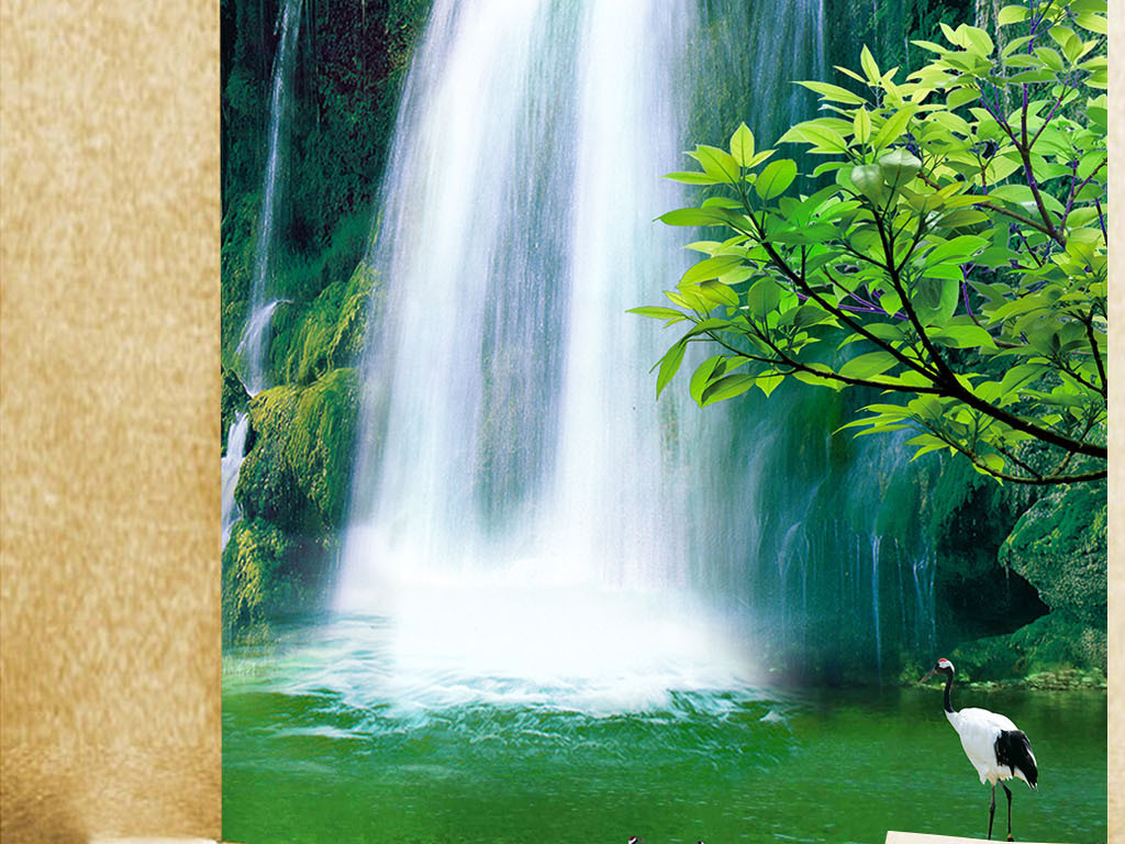 psd超清流水生财山水画瀑布玄关装饰背景