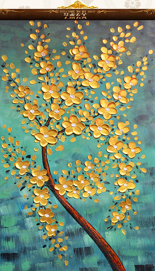 纯手绘高清油画湖蓝调发财树艺术玄关