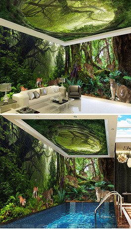 神秘原始森林动物3d立体主题空间背景墙