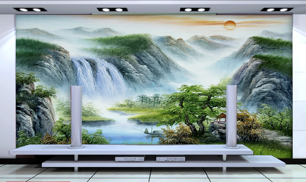 山水画油画风景背景墙