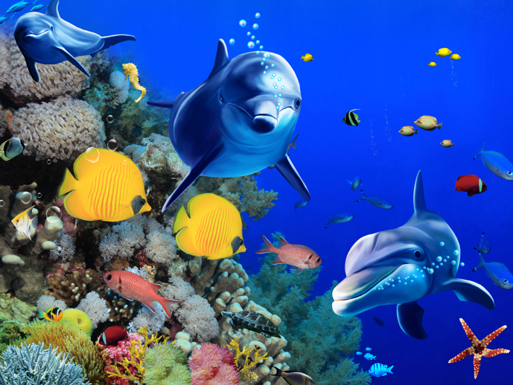 地面装饰 地板 3d海洋世界地板 > 热带鱼海豚海底世界3d立体浴室地板