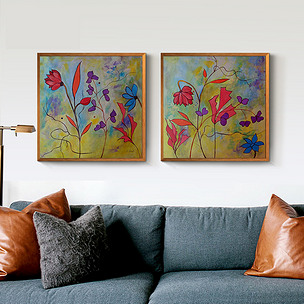 二联优美红色花朵花卉植物有框无框装饰画